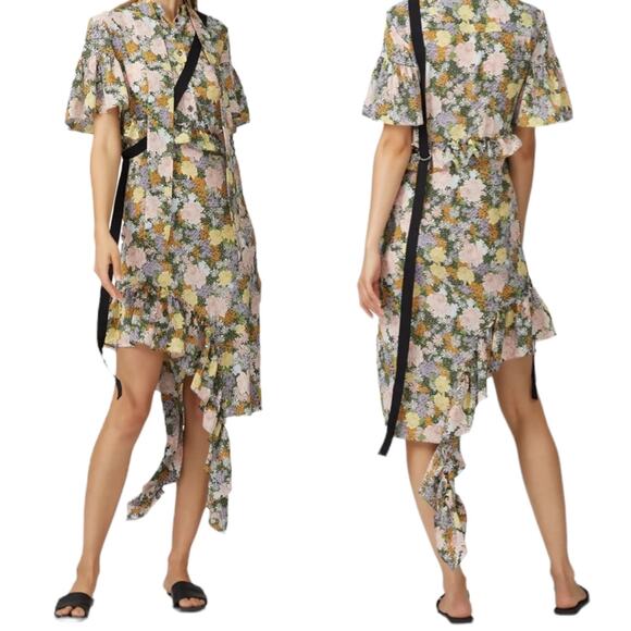 Rokh Womens Slit Frill Dress Multicolor Floral Short Sleeve Asymmetric S… - Picture 1 of 13